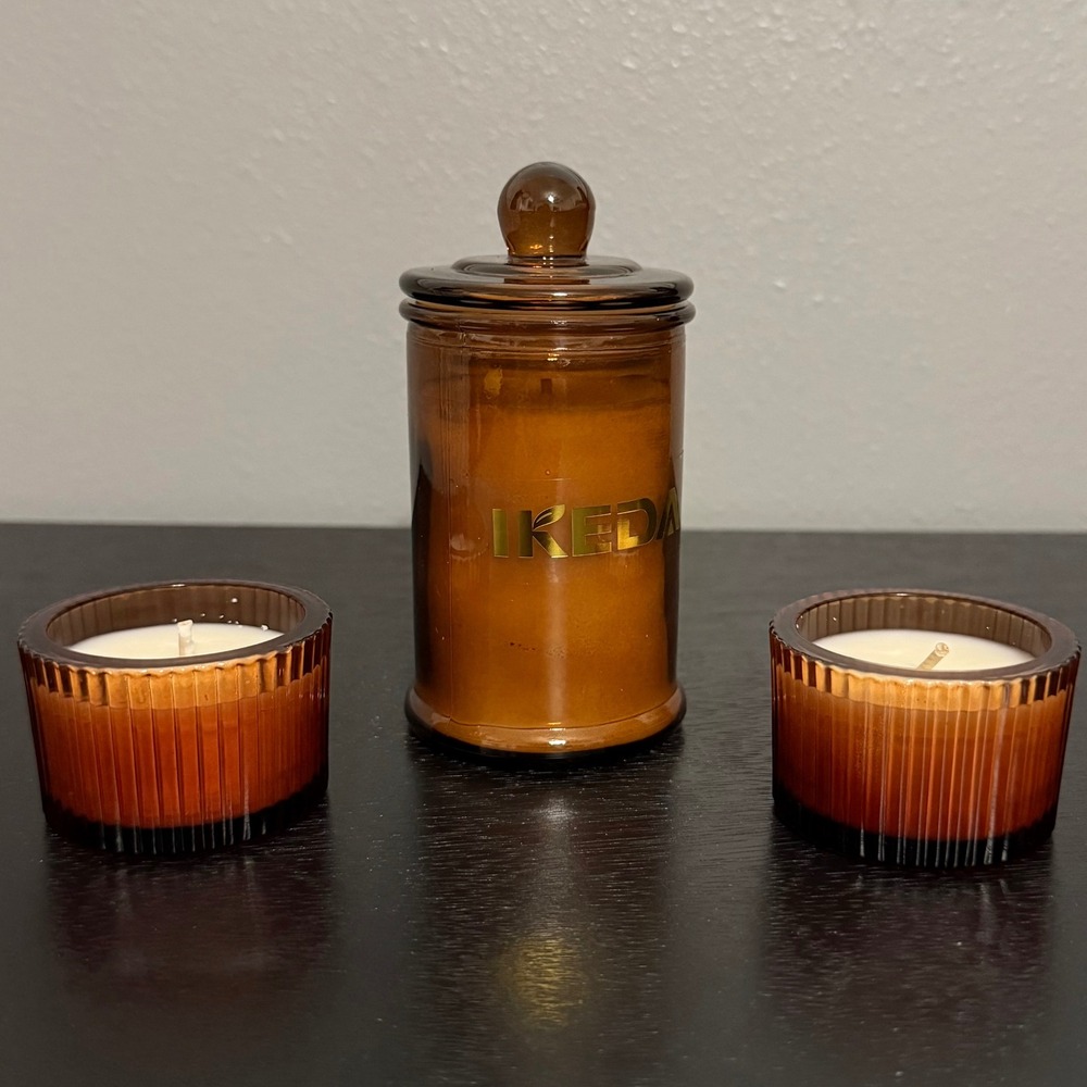 IKEDA Scented Candles Set 3pc Amber Glass Sandalwood Lemon New Apothecary Votive
